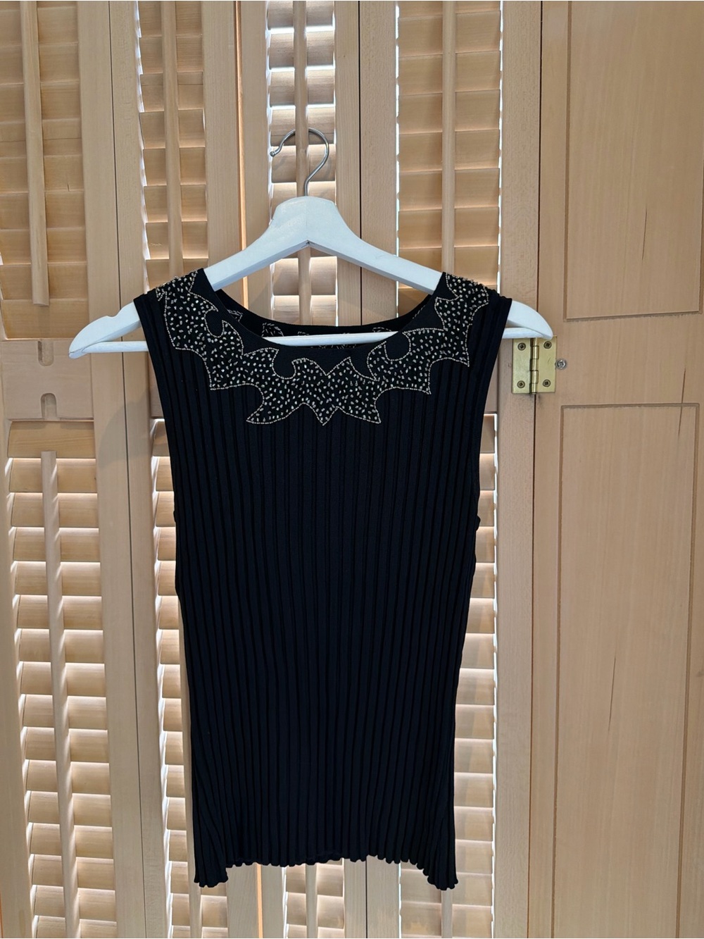 Vintage Beaded Rib Knit Tank Top in Black